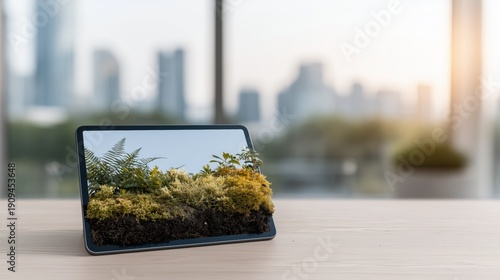 Digital Tablet Displaying Immersive Nature Ecosystem