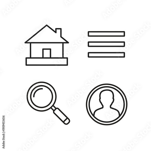 Essential line art icons for modern web and mobile UI/UX design, featuring home, navigation menu, search, and user profile symbols for intuitive digital interfaces