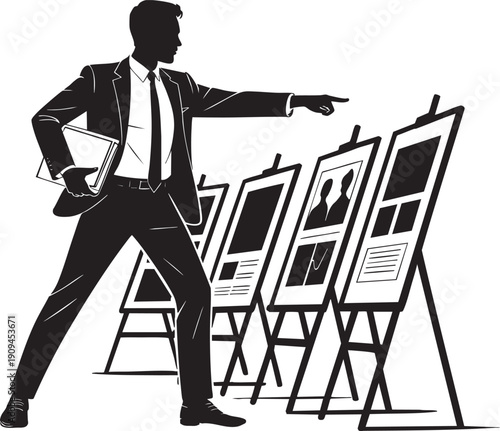 Businessman pointing to charts on easel stands, presenting sales data, isolated on transparent grid
