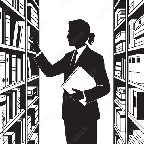 Woman in suit selecting book from shelf in library, research and knowledge concept, isolated