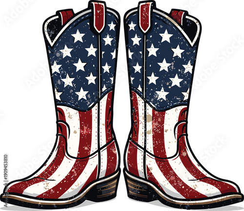 USA Flag Western Cowboy Boots Distressed Vintage Illustration