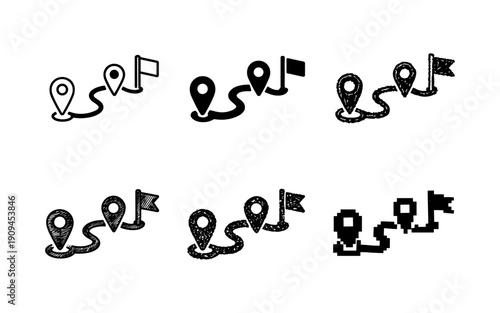Collection of route and destination map pin icons with different artistic styles