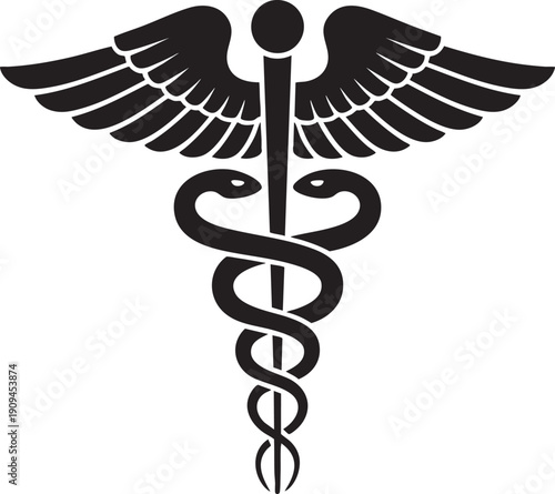 Caduceus symbol vector illustration black isolated on transparent checkered background medical health care symbol