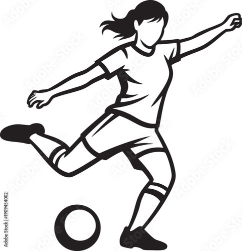 Soccer player kicking ball vector illustration woman playing football isolated on transparent checkered background