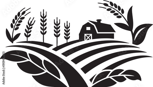 Farm landscape with barn, rolling fields, and wheat stalks. Agricultural harvest symbol, rural countryside, organic farming