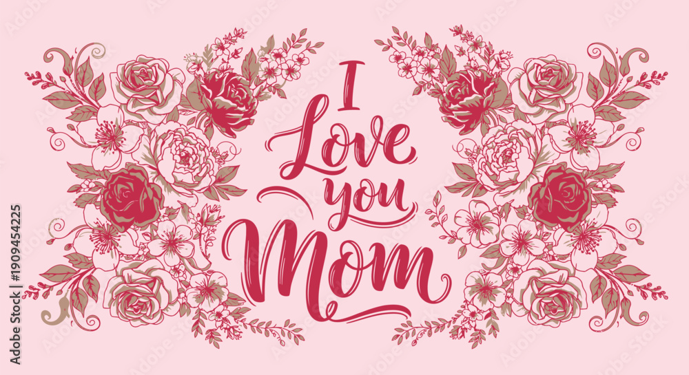 Naklejka premium Mother's Day floral text banner with roses and leaves, 'I Love You Mom' message, pink background, for greeting card or social media post, vector illustration