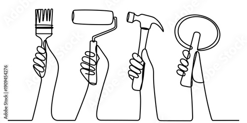 Continuous line drawing of hands holding various construction and home improvement tools.