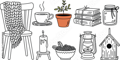 Hand drawn cozy home elements including chair blanket cup plant books jar candle berries lantern and birdhouse illustration set