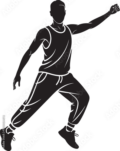 Silhouette of man in athletic wear jumping with arm raised in triumphant gesture isolated on checkered background