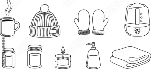 Hand drawn cozy winter care icons including mug hat mittens humidifier jars candle lotion and folded blanket illustration set