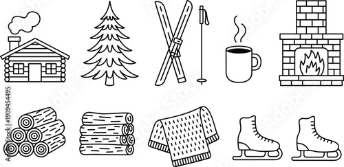 Hand drawn cozy winter cabin scene elements including house tree skis mug fireplace logs sweater and ice skates illustration set