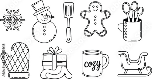 Hand drawn cozy winter kitchen and holiday icons including snowman gingerbread mug mittens sleigh utensils and snowflake outline illustration set