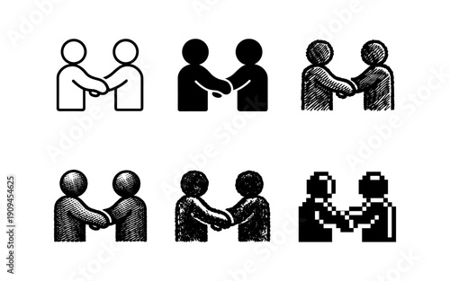 Collection of handshake icons representing agreement, partnership, and business deals