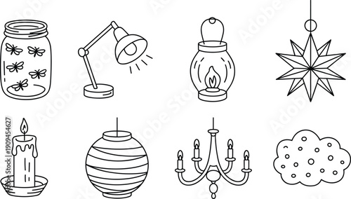 Hand drawn decorative lighting elements including candles chandelier lantern desk lamp ornament star and jar outline illustration collection