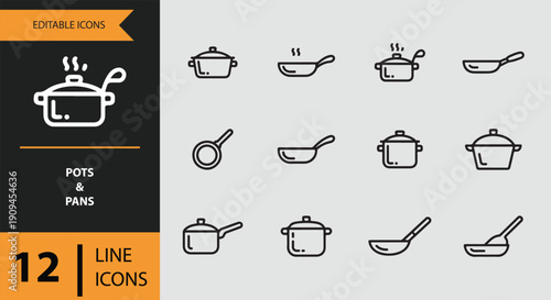 Pots and Pans Icons outline icon set.Kitchen pots and pans outline icons