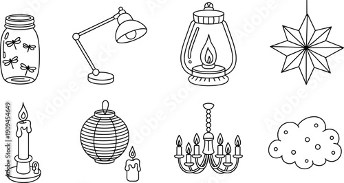 Hand drawn decorative lighting elements including jar lamp lantern candle chandelier hanging star and cloud outline illustration set