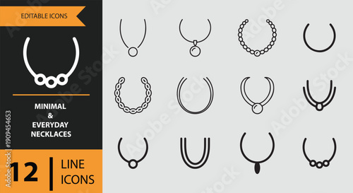 Minimal and Everyday Necklaces Icons outline icon set.Minimal everyday necklace outline icons
