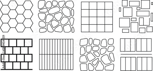 Hand drawn geometric tile and stone pattern collection including brick grid mosaic paving and wall texture outline illustration set
