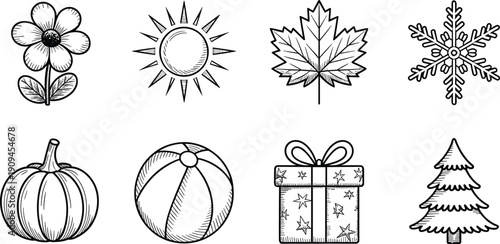 Hand drawn four seasons icons set including flower sun leaf snowflake pumpkin beach ball gift and pine tree illustration