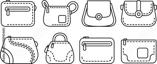 Hand drawn handbag and purse collection including shoulder bags clutches wallets and accessories outline illustration fashion set