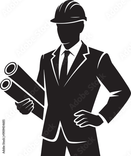 Architect silhouette in hard hat holding blueprints with construction plans professional worker project development engineer concept