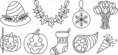 Hand drawn holiday and autumn celebration icons including pumpkins garland ornament stocking flowers cornucopia and party hat outline illustration set