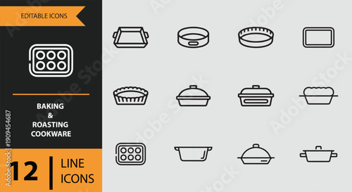 Baking and Roasting Cookware Icons outline icon set.Essential baking and roasting cookware outline icons