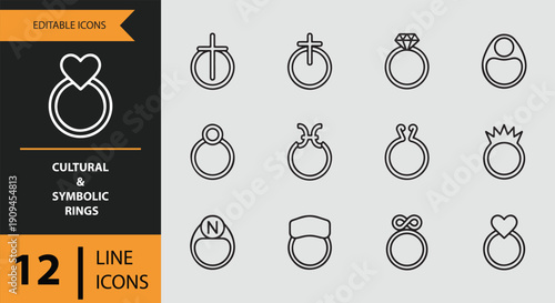 Cultural and Symbolic Rings Icons outline icon set.Symbolic cultural ring design outline icons