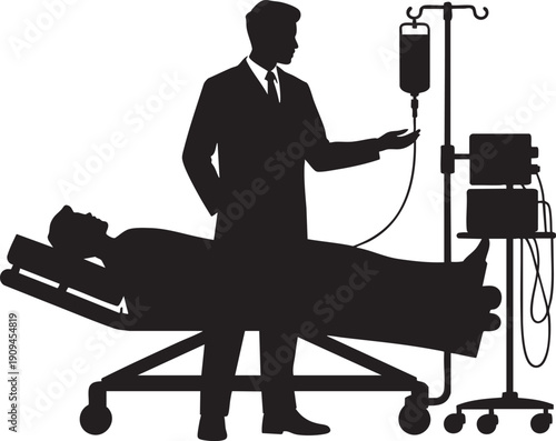 Doctor attending patient on hospital bed with medical equipment infusion drip monitor healthcare professional in clinic saving life