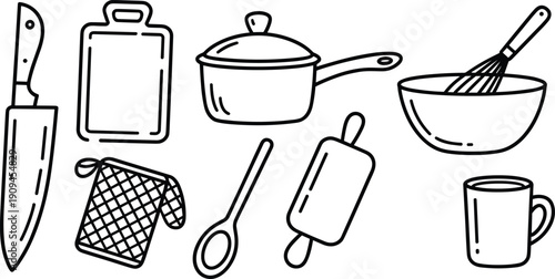 Hand drawn kitchen cooking utensils including knife cutting board saucepan whisk bowl spoon rolling pin and mug illustration set