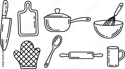 Hand drawn kitchen cooking utensils set including knife cutting board saucepan whisk bowl spoon rolling pin and mug illustration
