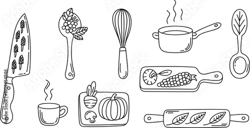 Hand drawn kitchen utensils and autumn harvest food elements including knife whisk saucepan vegetables cutting board and cup outline illustration set