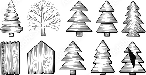 Hand drawn vintage Christmas tree set including evergreen silhouettes wood textures winter forest outline illustration collection black white design elements