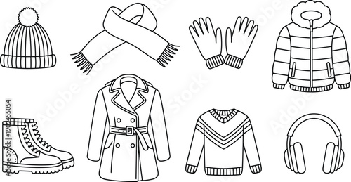 Hand drawn winter clothing icons including hat scarf gloves jacket coat sweater boots and headphones outline illustration set