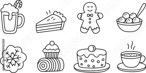 Hand drawn winter dessert and drink icons including gingerbread cake cupcake cocoa candy and snowflake outline illustration set cozy holiday