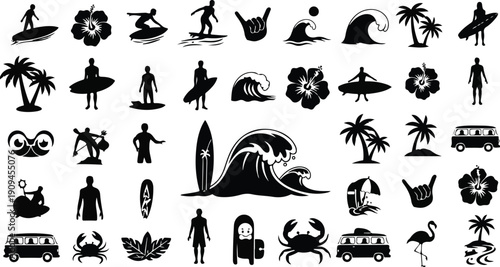 Beach vacation and surfing icons
