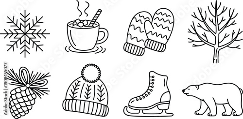 Hand drawn winter icons set featuring snowflake hot cocoa mittens pinecone hat ice skate bear and bare tree outline illustration