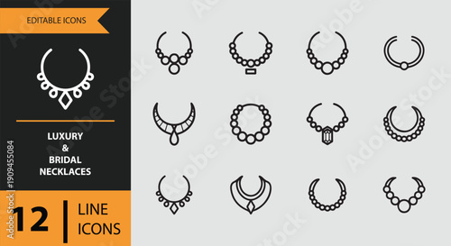 Luxury and Bridal Necklaces Icons outline icon set.Elegant bridal and luxury necklace outline icons