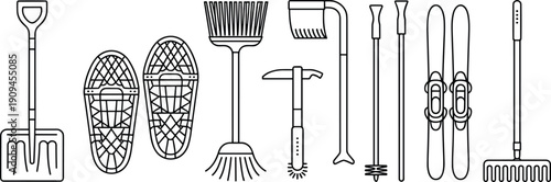 Hand drawn winter outdoor tools and equipment including shovel snowshoes rake ice axe skis poles and broom illustration set