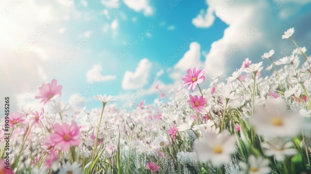 Obraz premium vibrant flowers field under sunny blue sky