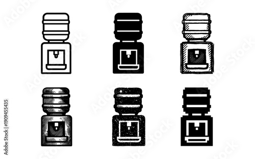 Collection of water cooler icons in various artistic styles and textures