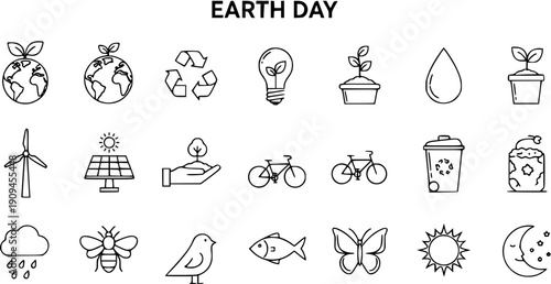 Earth Day and Ecology Line Art Icons Set: Sustainable Environment, Nature, and Eco-Friendly Vector Graphics Collection