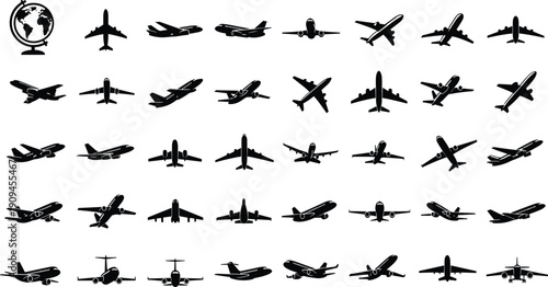 Large collection of airplane silhouette icons showing commercial jet aircraft from multiple angles for aviation travel, airline transportation, and flight design projects