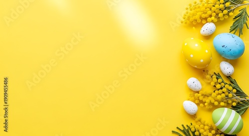 Colorful easter eggs nestled among green pine branches on a bright yellow background.