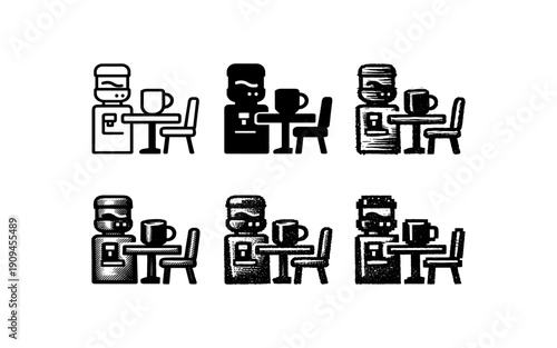 Office break room scene with water cooler, table, and chair icons in various styles
