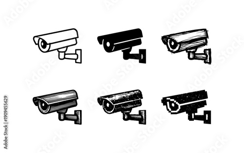 Collection of six security camera icons in various artistic styles for surveillance concepts