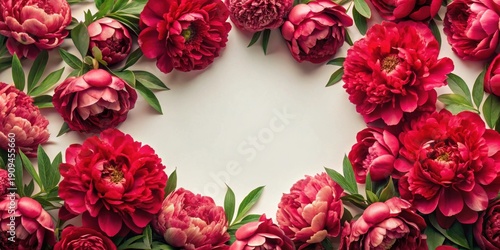 A vibrant arrangement of crimson peonies forming a circular frame on a pale background, showcasing the beauty of lush blossoms and their verdant leaves