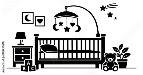 Graphic baby nursery icons set featuring a crib, mobile, teddy bear, and essential items for childcare and decor concepts