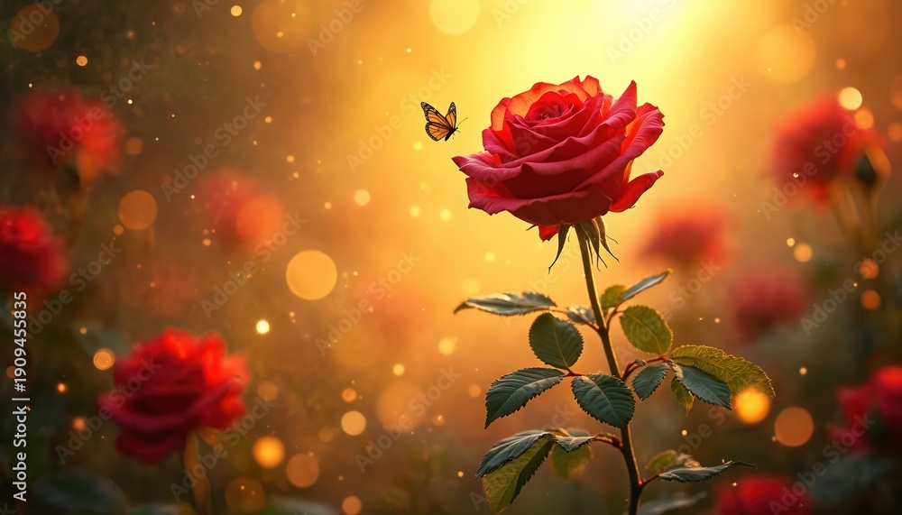 Obraz premium Red rose blooms in sunlit garden with butterfly. Soft golden light, bokeh effects, and blurred flowers create magical atmosphere. Nature scene perfect for romance.