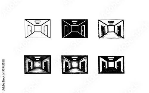 Collection of hallway icons with doors and ceiling lights in various artistic styles